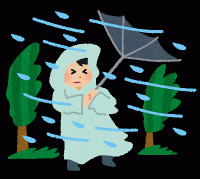 雨と風の中傘をさす人の図