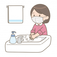 マスクをつけた女の子が洗面台で手を洗っている挿絵