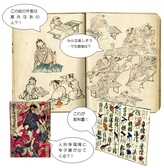 図版3点。寺子屋の師匠とそこで学ぶ子どもたち、寺子屋で使われた教科書、菅原伝授手習鑑・・・。