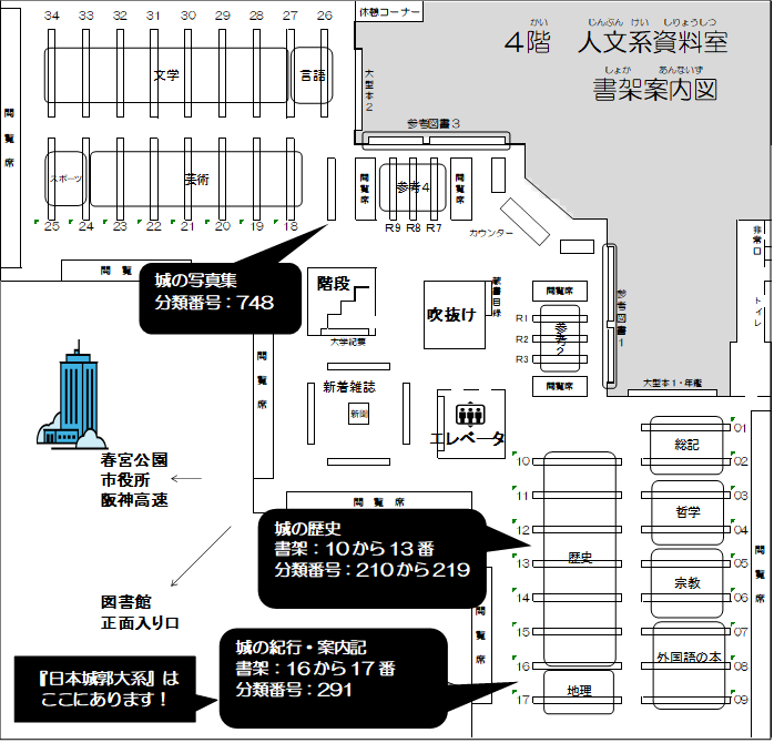 4階にある日本の城に関する本の書架案内図