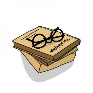 重なった本の上にメガネが載っているイラスト