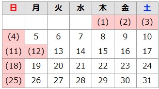 2026年1月の休館日は1日、2日、3日、4日、11日、12日、18日、25日です。