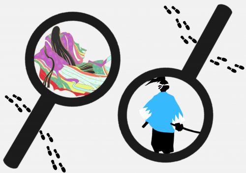 十二単を着た女性と、新選組の羽織を着た男性の画像。あのひとも名探偵？