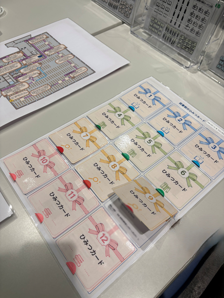 机に置かれた、「ひみつカード」。横3枚×縦4枚合計12枚分が貼られたシート。