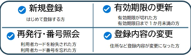 (1)新規登録:はじめて登録する方 (2)有効期限の更新:利用者カードの有効期限が切れてしまった方、有効期限日まで1か月未満の方 (3)再発行・番号照会:紙の利用者カードを紛失された方、利用者カード番号を忘れた方 (4)登録内容の変更:住所など登録情報に変更があった方