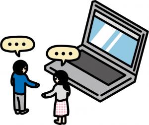 パソコンの前で話す小さい人のイラスト