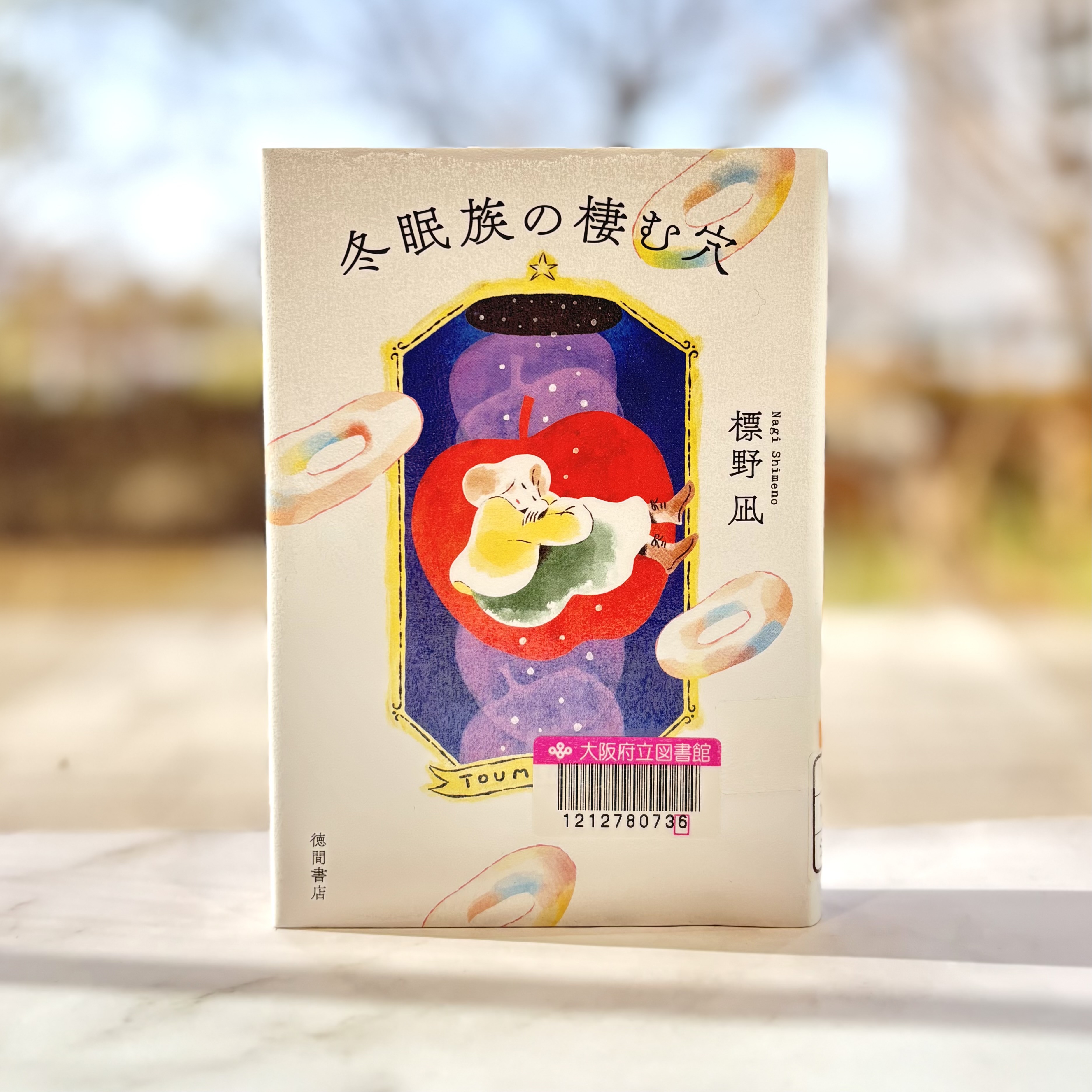 『冬眠族の棲む穴』の表紙画像。リンゴのイラストの背景に膝を抱えた女性が描かれたイラスト。