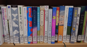 本の背表紙が２０冊ほど並んでいる、文学の棚のようす