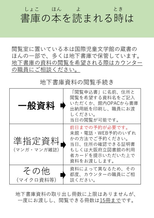 書庫の本を読むときの案内を書いた掲示の画像